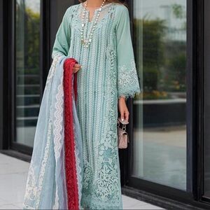 Chic Lace Long Sleeve Dress in Light Blue and Red